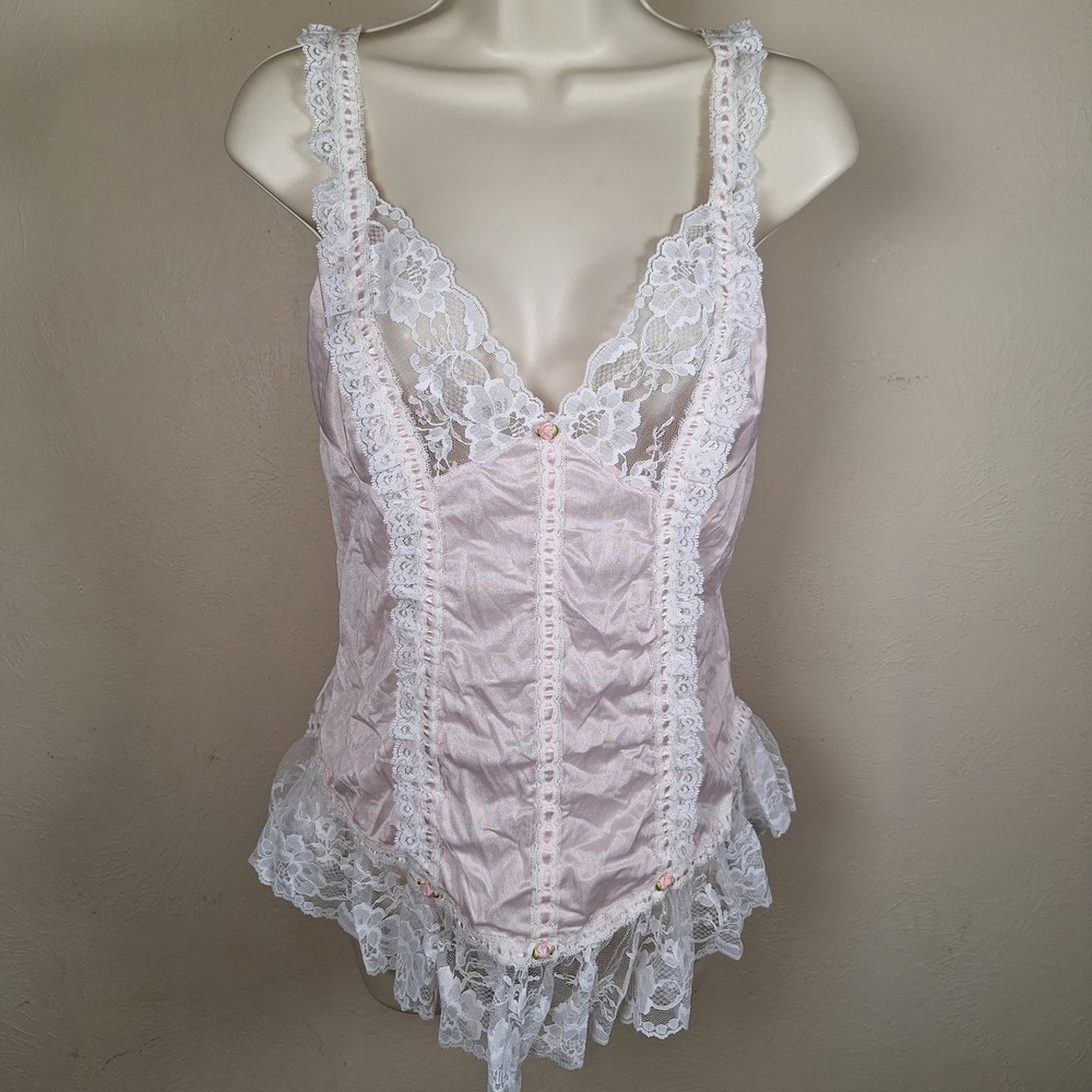 Tosca‎ Lingerie Vintage Baby Pink Lace Satin Sheer Lace Coquette Chemise Large